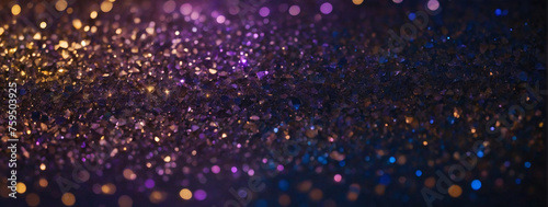 Background of Abstract Glitter Lights in Amethyst, Bronze, and Navy. Defocused Banner.