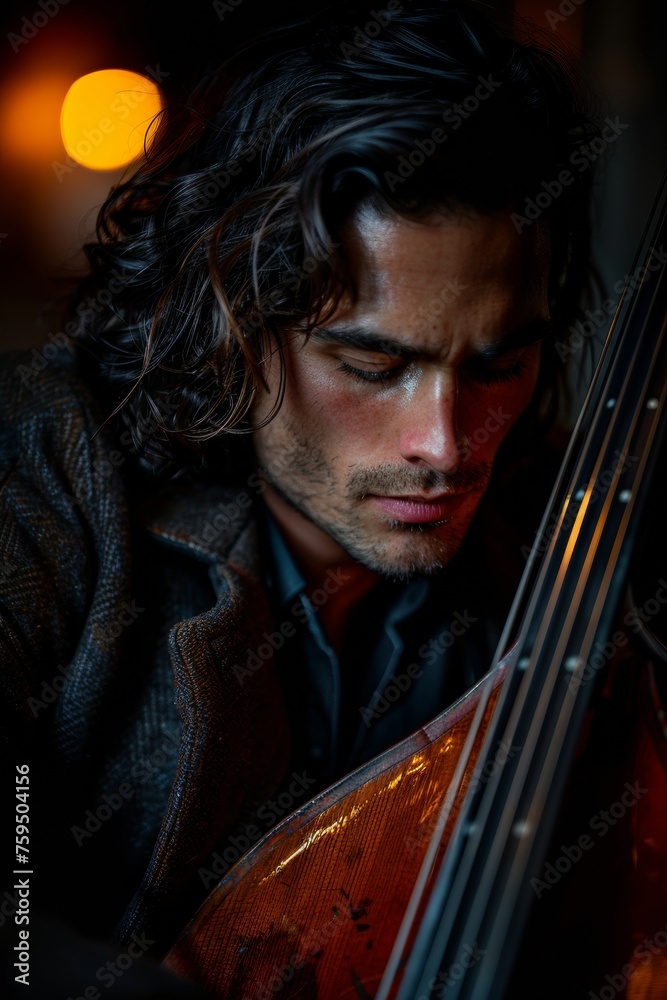 A focused young adult male with tousled hair playing a cello A focused young adult male with tousled hair playing a cello