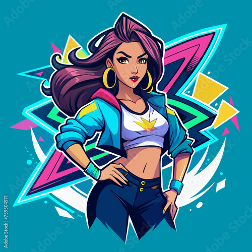 Sticker portraying a stylish Beautiful girl in a dynamic pose  with graffiti-inspired elements and bold graphics