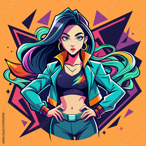 Sticker portraying a stylish Beautiful girl in a dynamic pose, with graffiti-inspired elements and bold graphics