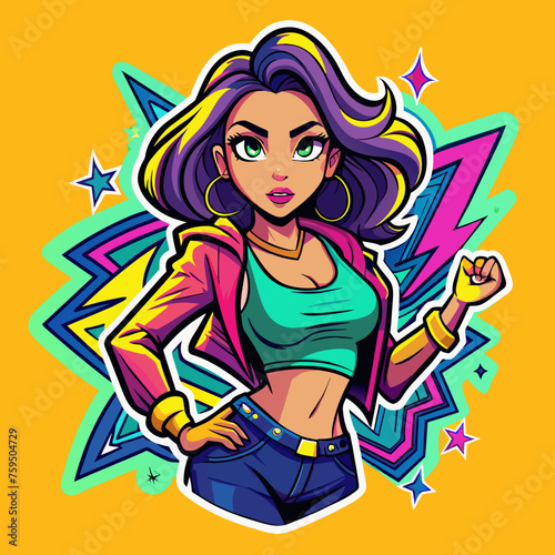 Sticker portraying a stylish Beautiful girl in a dynamic pose, with graffiti-inspired elements and bold graphics