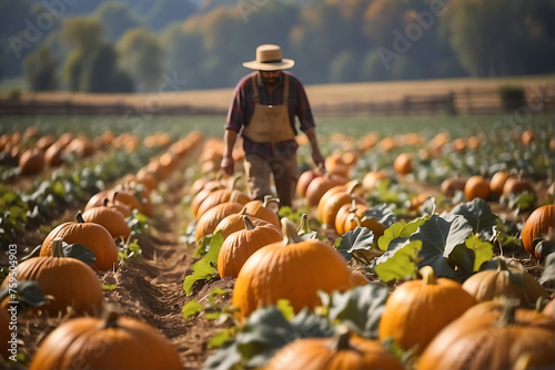 A farmer working in pumpkin patch field photo