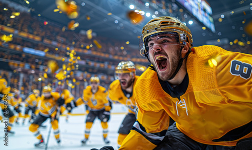 Professional ice hockey player celebrating the league win, wearing gold helmet - Inside a big arena with a big crowd and gold confetti photo