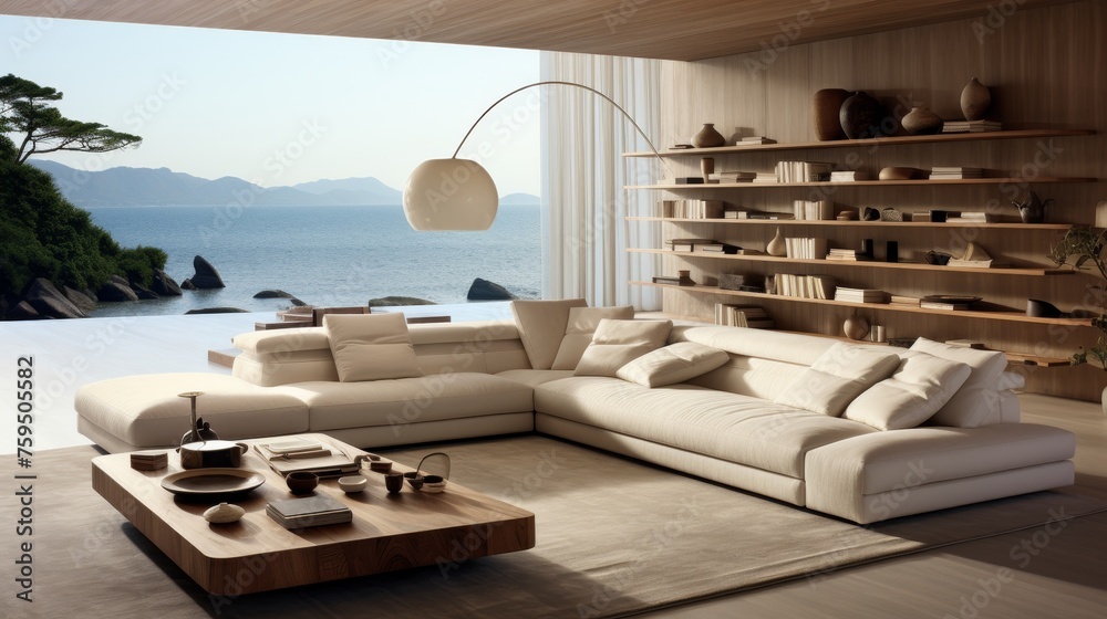 Obraz premium Architecture image of Modern design living room white linen sofa