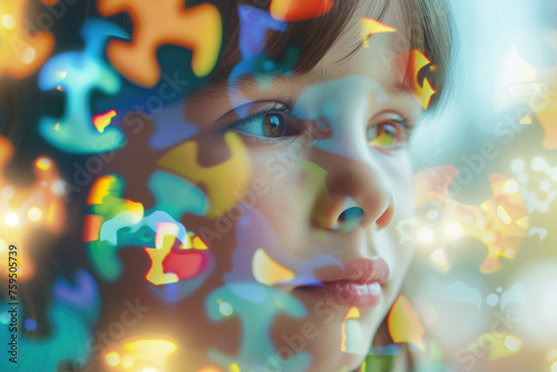 Child's Wonder: A Young Boy's Face Peering Through a Kaleidoscope of Puzzle Pieces