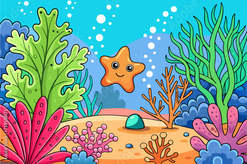 A vibrantly-colored coral reef serves as a picturesque backdrop for a whimsical tree with heart-shaped foliage.
