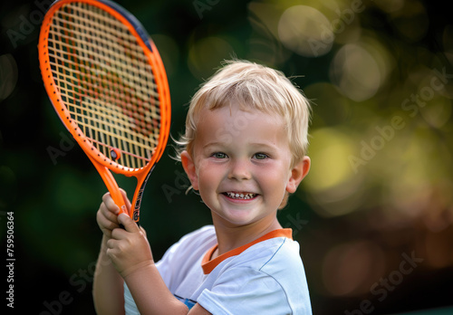 photograph of Happy little boy playing tennis on court, holding racket in hands