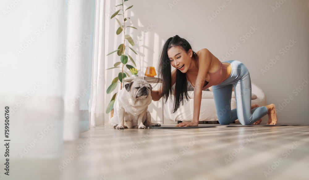 Radiant asian woman interacting with a pug dog during yoga practice in a light-filled, cozy room setting
