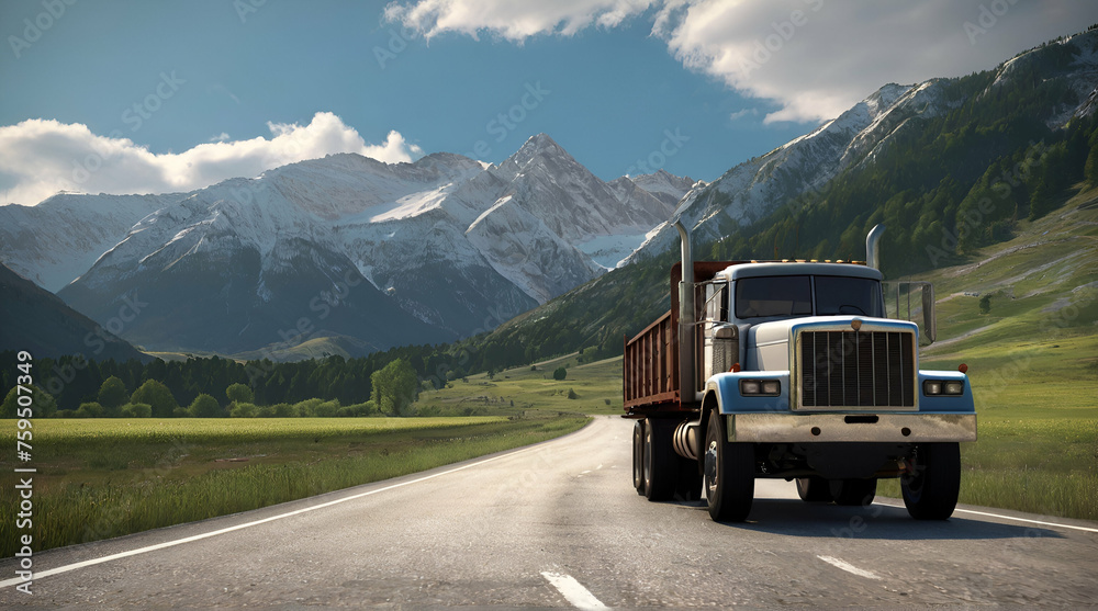 White cargo truck with a white blank empty trailer on highway road with beautiful nature mountains and sky, driving in motion. generative.ai
