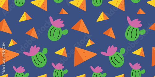 Seamless Cinco de Mayo vector pattern background with nachos and cactuses