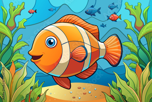Clownfish swims cheerfully against a vibrant background of green coral branches.