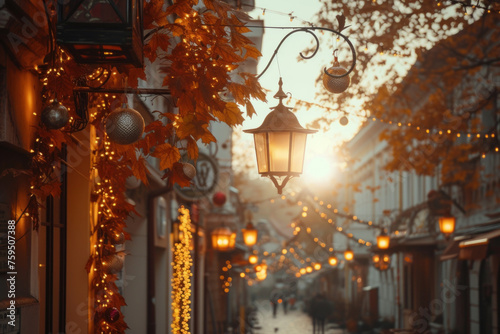Golden Sunset on a Charming Street Adorned with Autumn Leaves and Lanterns