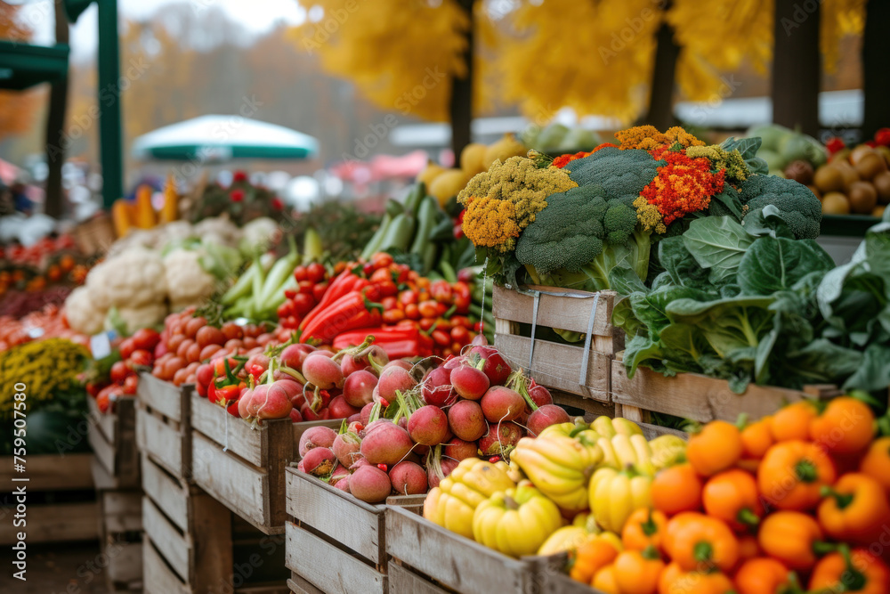 Fresh Seasonal Produce Displayed at a Bustling Farmers Market in Autumn