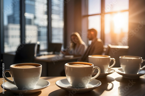 Two coffee cups sitting on a wooden table