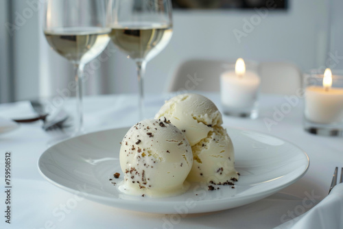 Delicious White Truffle Gelato Dessert on White Plate Gen AI