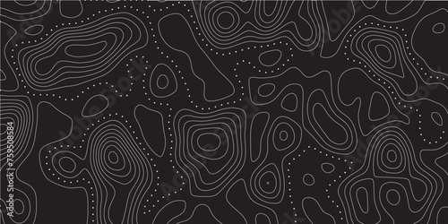 Abstract white on black background Topographic line map pattern. Contour elevation topographic and textured Background Topographic Maps can be used as backgrounds for brand projects, fabrics, posters. photo
