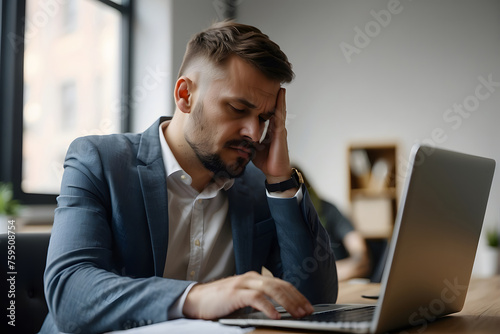 Exhausted colleagues sit at their workstations, experiencing the discomfort of migraine-induced head strain