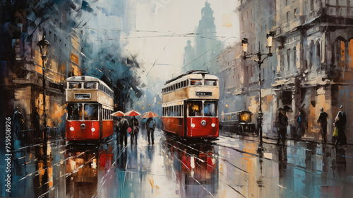 Rainy City Street Oil Painting ..