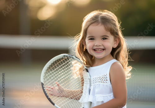 photograph of Happy little girl playing tennis on court, holding racket in hands
