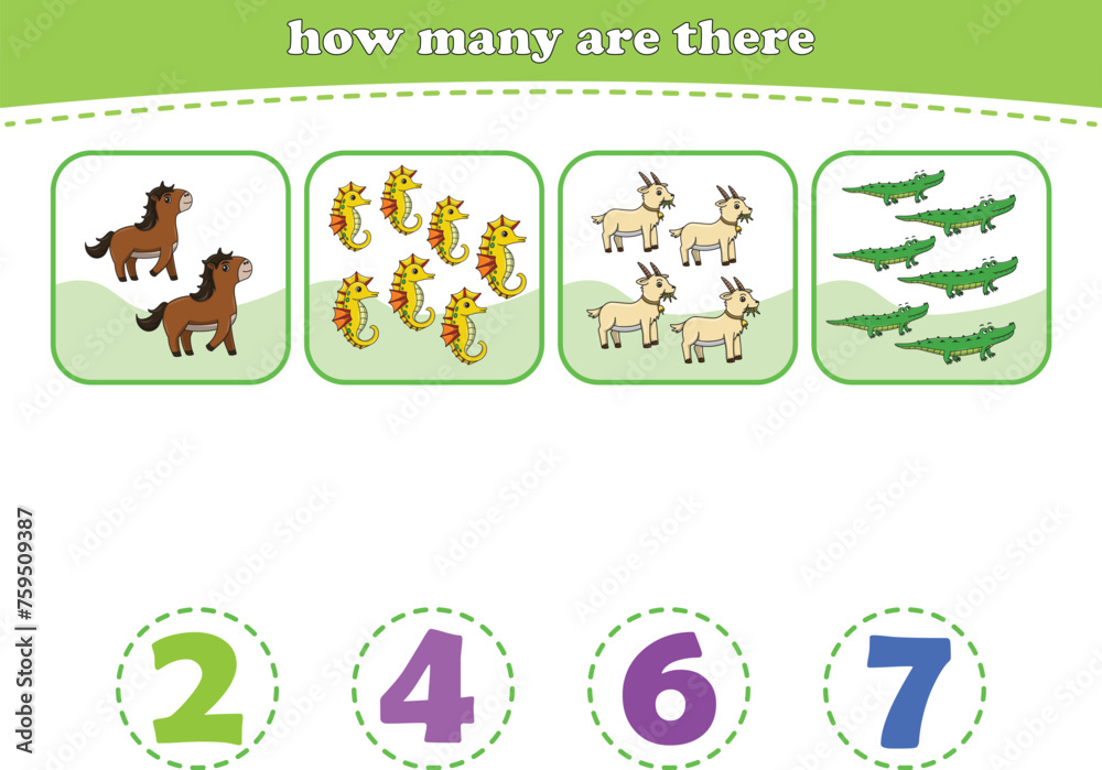 Educational worksheet for preschool kids. Count wild animals. Math game for children. Vector