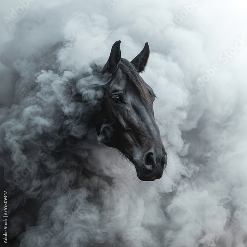 An artistically lit horse head is framed by swirling smoke and fumes in the background.