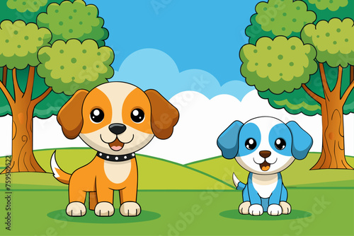 Adorable canines against a verdant backdrop of towering trees.