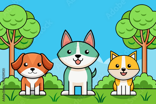 Adorable canines against a verdant backdrop of towering trees.