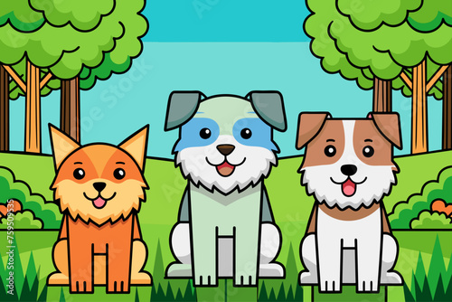 The adorable dog poses against a verdant backdrop of lush trees.