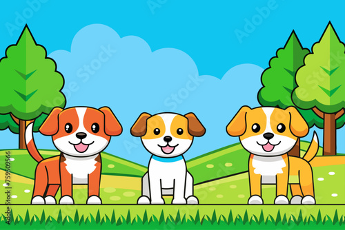 The adorable dog poses against a verdant backdrop of lush trees.