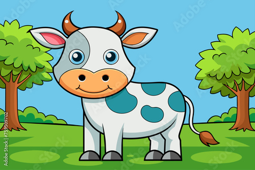 A cute cow stands in a field with a tree in the background.