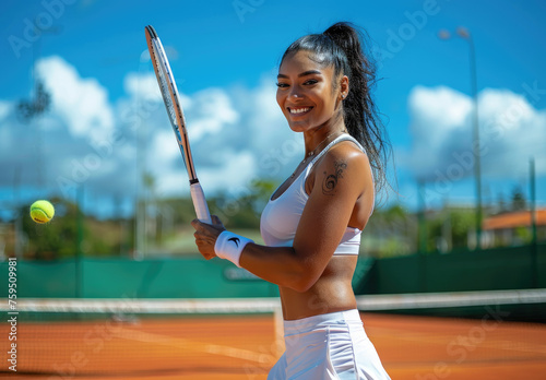 photograph of Happy girl playing tennis on court, holding racket in hands © Kien