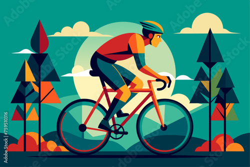Cyclists pedal amidst a verdant forest backdrop, where towering trees cast long shadows across the path ahead.