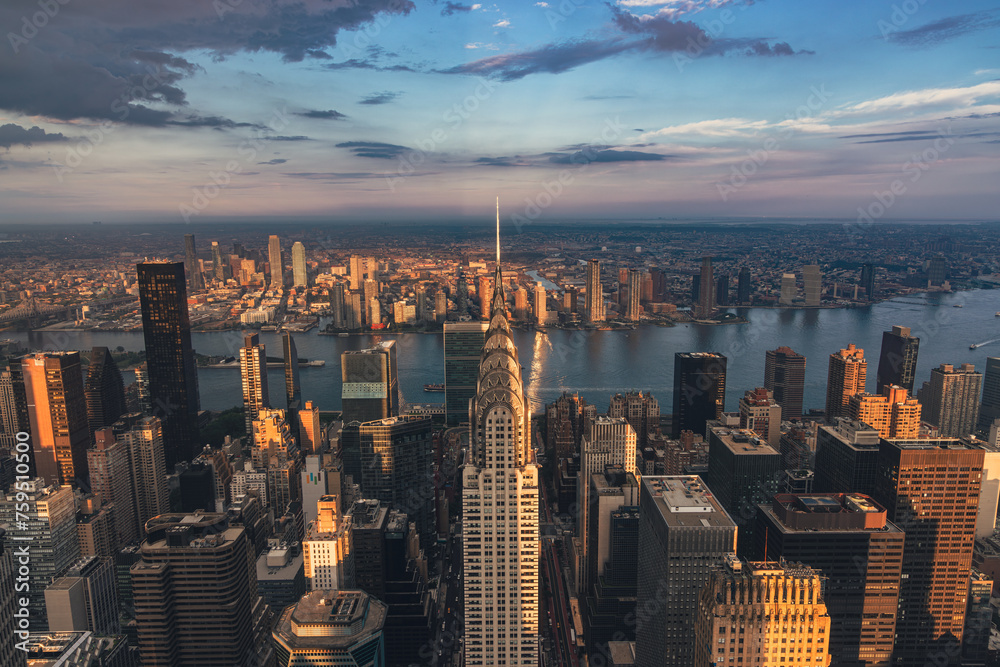 View of the New York City as seen from the top of Summit One Vanderbilt during sunset