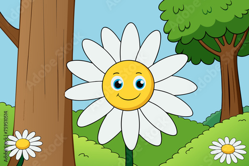 A delicate daisy stands tall against the backdrop of a verdant tree, its petals fluttering softly in the gentle breeze.