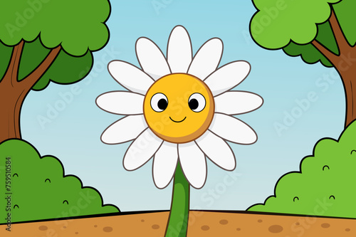 A beautiful daisy gleams against the backdrop of a majestic tree, creating a vibrant and serene natural scene.