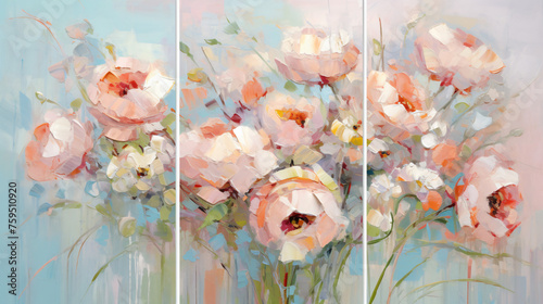 Set of three oil painting in boho style garden flowers