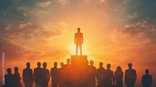 A single figure elevating above a group on a platform, symbolizing leadership, aspiration, and rising above challenges