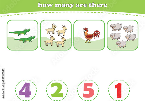 Educational worksheet for preschool kids. Count wild animals. Math game for children. Vector