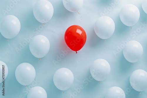 A single red balloon flying among whites, illustrating the courage to stand out and lead with distinctiveness