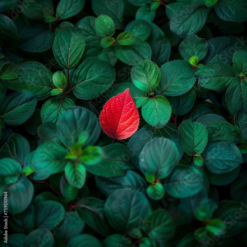 A single red leaf among green  highlighting the courage to be different in a leadership role