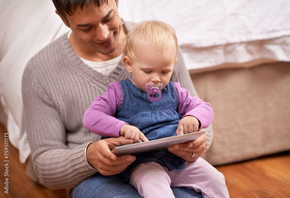 Tablet, search or father and baby on a floor for cartoon, streaming or gaming while bonding at home. Digital, learning or dad and girl in bedroom with storytelling app, fantasy or child development