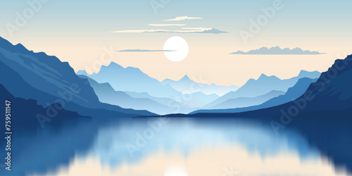 Mountain lake at dawn, morning light and sun, scenic reflection, vector illustration