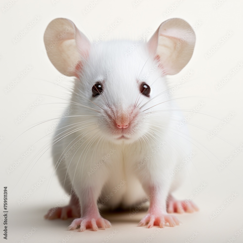 A white mouse with pink paws and a pink nose