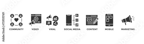 SMM banner web icon vector illustration concept of social media marketing with icon of community, video, viral, social media, content, mobile and marketing	
