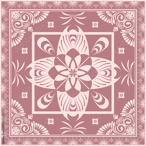 Hijab scarf flower abstract pattern.Ethnic geometric ornament with frame motif border hijab pattern.Design for fabric,print,scarves,shawl,kerchief,bandana,clothing,pareo,pillows,tablecloth,decoration.