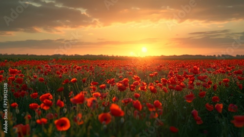Breathtaking landscape of a poppy field at sunset 