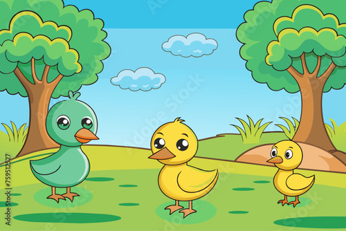 A background of lush trees frames the adorable waddle of several ducks.