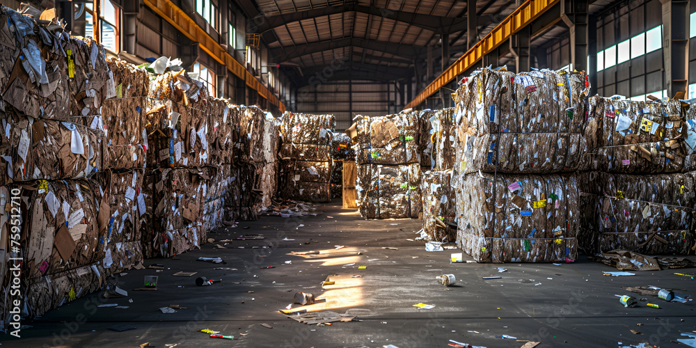 Plastic pressed bales at finished products warehouse on modern waste hazardous processing plant. Separate garbage collection.
