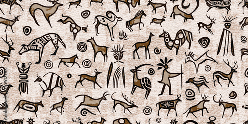 Seamless petroglyph pattern, rock paintings, isolated on white background, vector design	