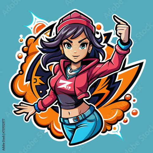 Sticker portraying a stylish girl in a dynamic pose  with graffiti-inspired elements and bold graphics